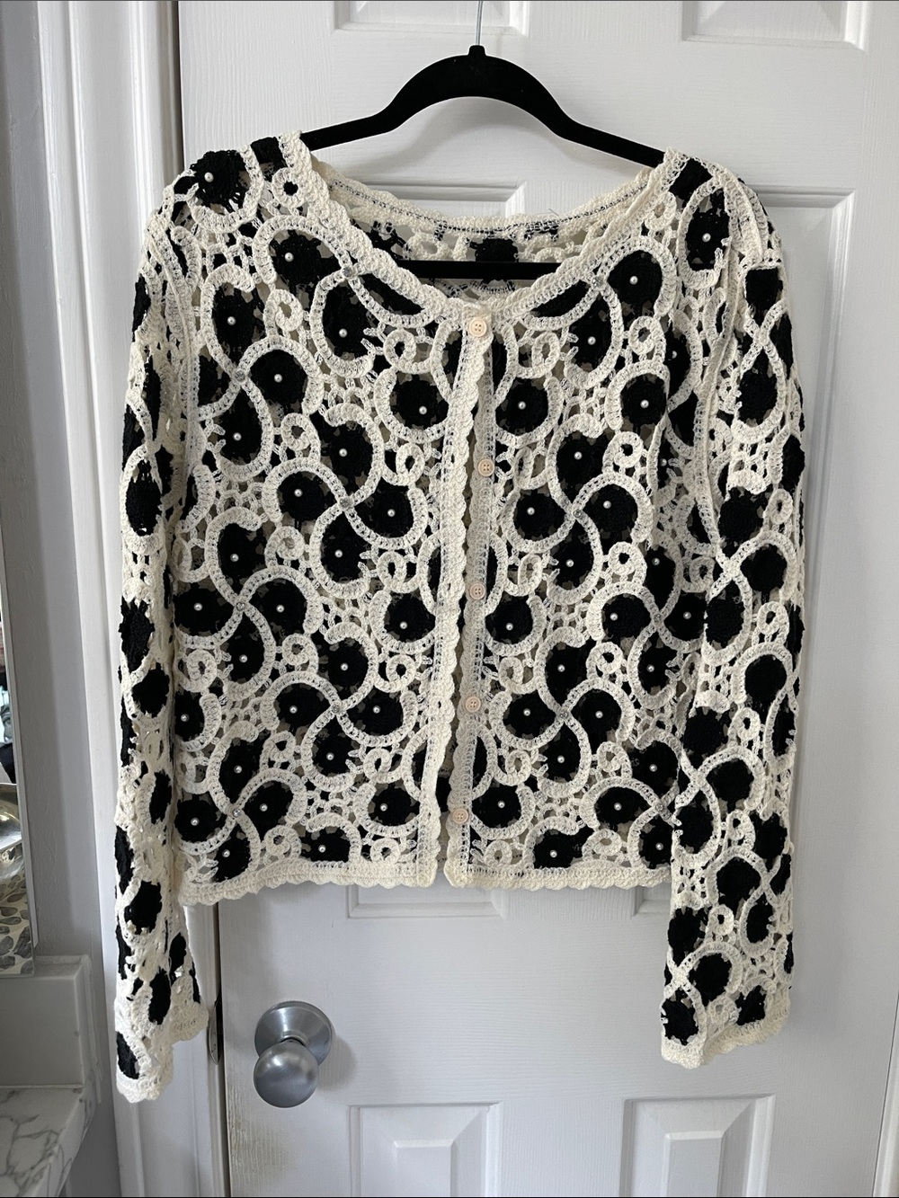 Crocheted Black and Cream Button-Front Women's Sweater Pearl accents